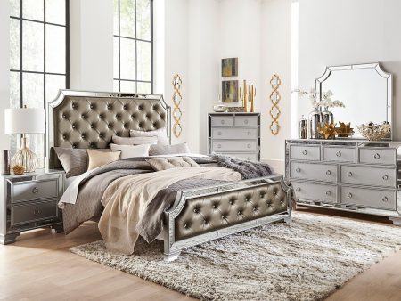 Avondale Silver Mirrored Upholstered Panel Bedroom Set For Sale