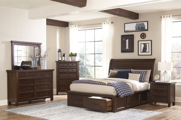 Logandale Brown King Sleigh Storage Platform Bed Cheap